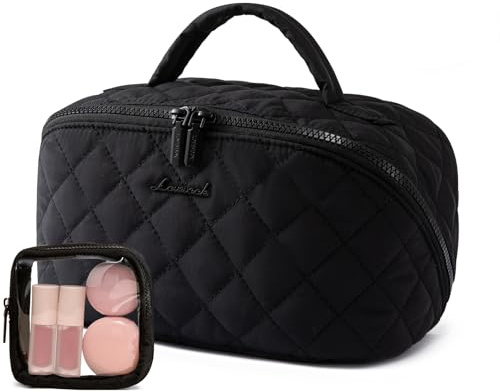 LOVEVOOK Travel Makeup Bag, Flat Lay Make Up Pouch Womens, Large 2Pcs Set Cosmetic Organiser with Compartments, Waterproof Puffer Toiletry Bag with Handle & Divider, Black