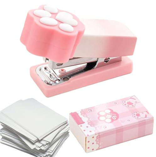 Kattklo mini häftapparat – 6,8 × 4,3 × 3,2 cm söt tecknad liten häftapparat, pappersbindningsverktyg, kompakta häftverktyg med 2–15 ark fästfunktion | skrivbordstillbehör för skola kontor hemmabruk