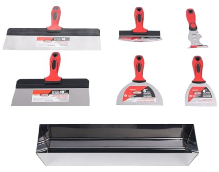 Spacnana Handverktygssats för Gipsväggar, Spackeltejpverktyg i Rostfritt Stål med 16 Lertråg, Ergonomiskt Grepp, Hammarände, Färgskrapaverktyg för Väggreparationer Gör Det Själv-entreprenörer