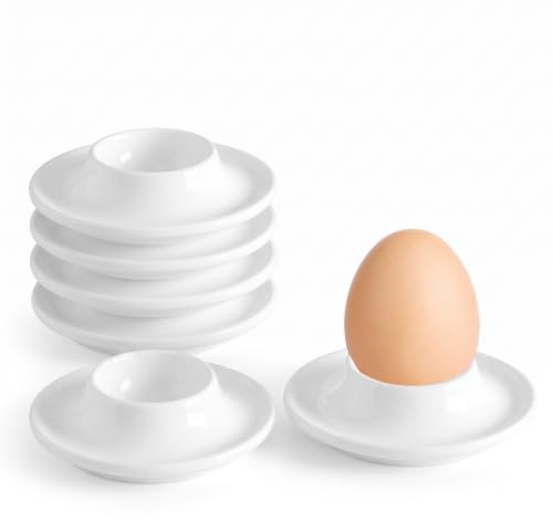 MIUUIPI Äggkoppar porslin set om 6 vita, högkvalitativa ägghållare, stapelbar och diskmaskinssäker, rund form (9 x 2,5 cm), för hårda och mjuka kokta ägg, frukost, matbord, camping