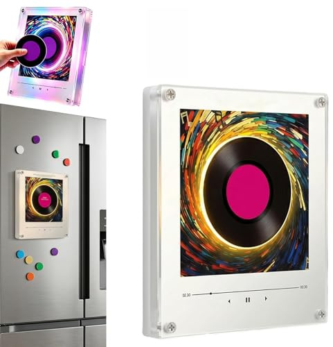 Imanes Nevera con Musica, Reproductor de Discos de Vinilo Vintage con 9 Imanes Personalizados Nevera, Altavoz NFC Magnetico con Efectos LED y 128MB, Iman Nevera Musical para Regalos (White)
