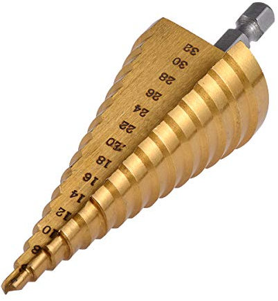 KATUR Broca de paso grande de titanio HSS con broca de cono de paso y vástago hexagonal y borde estriado, 15 tamaños de 4 a 32 mm