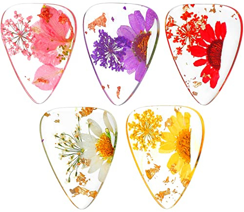 Boao 5 Pieces Flower Guitar Picks Dried Flower Resin Guitar Picks Handmade Plectrums Stylish Colorful Guitar Plectrums Floral Bass Picks for Electric, Acoustic Guitar Bass Ukulele, 5 Styles