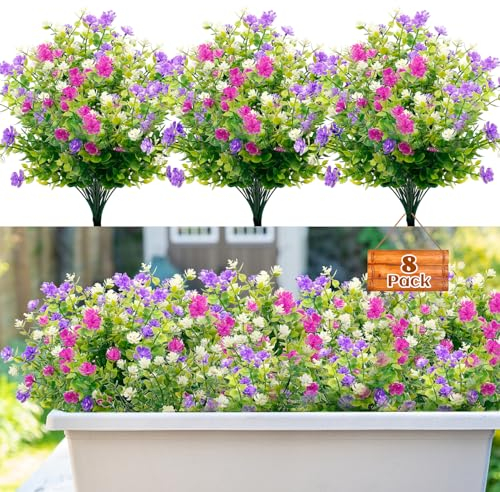 Garlag 8 Bundles Artificial Fake Flowers, 3 Colors Outdoor Faux Plastic Bouquet Shrubs Plants for Indoors Outdoor Hanging Basket Garden Window Box Wedding Party Decoration (Purple Fuchsia White)