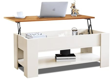 Coffee Table With Storage, Lift Up Coffee Table For Living Room, Wooden Coffee Tables With 1 Shelf Large Hidden Storage Rectangular Lift-Top Sofa End Tea Table for Living Room Furniture, Cream / Pine