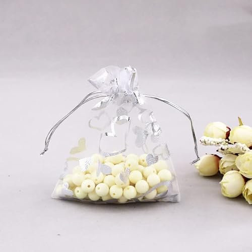 PTNKUIIY 100 Stück Organzasäckchen 13 * 18cm Organzabeutel Liebe Herz Geschenkbeutel mit Kordelzug Hochzeitsbevorzugung Schmuckbeutel zum Befüllen für Hochzeit Weihnachten Valentinstag Party-Silber
