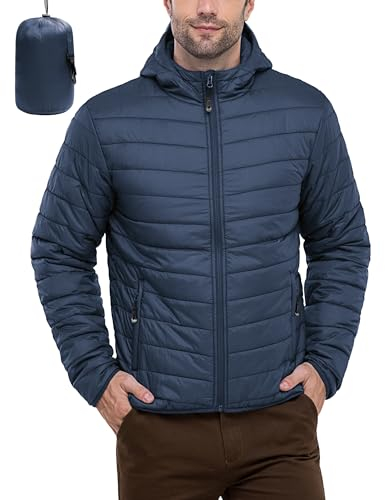 33,000ft Herren Leichte Steppjacke Outdoor Wasserbeständige Übergangsjacke Warme Winterjacke für Männer, Kapuze Wintermäntel Pufferjacke Verstaubar Schwarzblau L