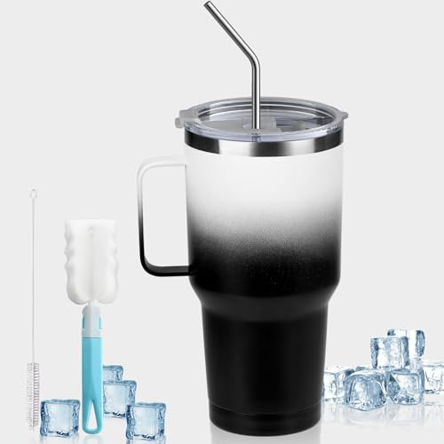 NIKYJM Thermobecher mit Strohhalm und Henkel, 900ml Kaffeebecher to Go Doppelwandiger Edelstahl Vakuum Isolierbecher mit Deckel und Bürsten Tragbarer Autobecher für Kalte Heiße Getränke