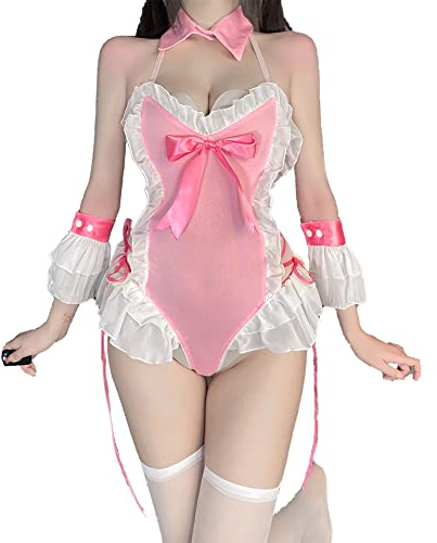 SNOMYRS Sexig bunny kostym cosplay maid japansk anime Kawaii rosa fräckare babydollbody