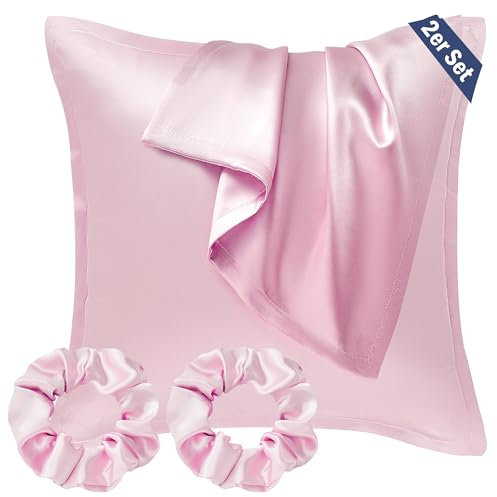 Seiwohl Satin Kissenbezug 80x80 2er Set, Weich wie Seidenkissenbezug Silk Pillowcase, Vegane Seide Kopfkissenbezug Kissenhülle Seidenkopfkissen für Haar und Haut mit Haargummis, Rosa