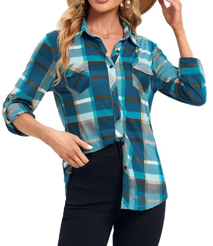 Jhsnjnr Chemise décontractée pour femme, à manches longues, à carreaux, avec boutons, flanelle, blouse, hauts, L