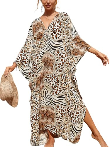 IMAGEKOPE Women's Plus Size Animal Print V-Neck Batwing Kaftan Beach Dress Bathing Suit Cover-Up Loungewear