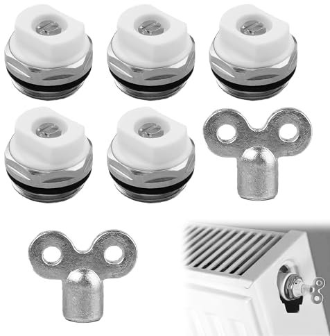 5 Heizkörper Entlüftungsventile mit 2 Entlüftungsschlüssel 1/2 Zoll Vernickelt Messing Heizung Entlüftungsventil Manuell Heizungsventile, Rostfreie und Langlebige Entlüftungsstopfen für Zentralheizung