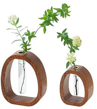 Walnut Wood Glass Flower Vase with Test Tubes | Modern Hydroponic Planter for Fresh Cut Flowers | Handcrafted Tabletop Decor for Home, Office, Farmhouse Style (Large+Small)