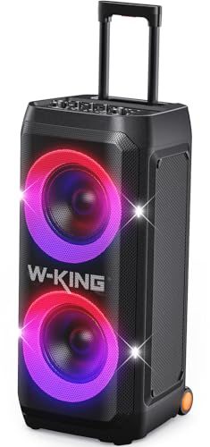 W-KING Portable Speaker Bluetooth Partybox Loud, 370W MAX Pro Sound, Deepest Bass,Large Outdoor Boom Box Wireless,Telescopic Handle&Sturdy Wheels, 25H, Futuristic Light,CSB,MIC&Guitar in