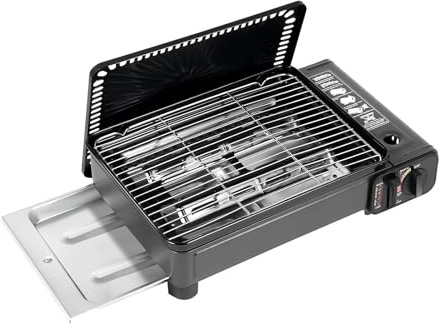 CzyuRachel Camping Grill Gas, Gasgrill Balkon mit Grillnetz, Backblech, Aufbewahrungskoffer, Tisch Gasgrill, 41.5 X 28 X 11cm Campinggrill Gas für Kochen im Freien, Schwarz