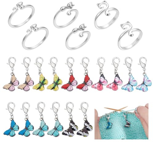 NBEADS Anneaux de Crochet Réglables pour Doigts, 16pcs Marqueur de Point Crochet Papillon 6pcs Anneaux de Tricot pour Doigts en Forme de Chat pour Outils Accessoires