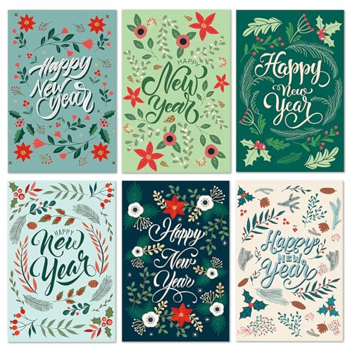 Bablira 24 Pack Happy New Year Cards Set with Envelopes, Boxed New Year Greeting Cards for NYE Parties, Office Events, Bulk Mailing, Home Decor(6 Designs), 4 * 6in, Blank