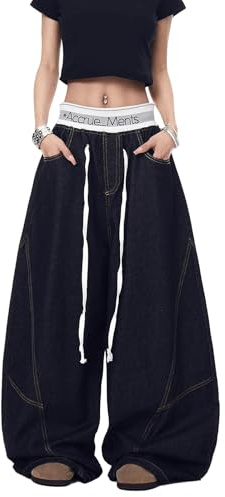 Générique Pantalons Larges pour Femmes Jean à Taille Haute Rétro Color Block avec Détail Patchwork en Forme de Lame Incurvée Pantalons Amples pour Femmes Automne Hiver Jeans Japonais Style Harajuku