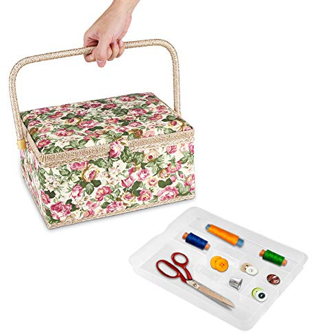 Ejoyous Large Sewing Basket Box, Retro Rural Fabric Floral Printed Sewing Storage Box with Compartments for Storing Needle Thread
