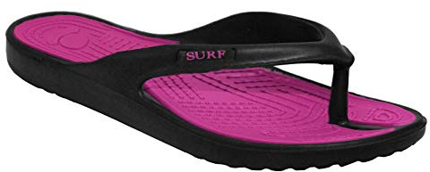Surf Womens Ladies Slip On Eva Toe Post Beach Summer Pool Flip Flop Sandals Shoes Sizes UK 3-8 (Black/Fuchsia, Numeric_5)