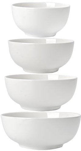 ALLUSEIT Schüssel Set Keramik, 4er 1900-1350-800-600 ml Nestbar Porzellan Schalen für Salat Pasta Dessert Müsli Eis Suppe Obst usw. Weiß Servierschale Rührschale Kleine, Mikrowellenfest