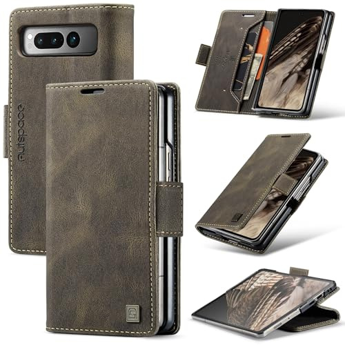 EYZUTAK Wallet Case for Google Pixel Fold, Retro Matte Premium Protective Leather Case 1 Card & 1 Cash Slot with RFID Blocking View Stand Magnetic Closure TPU Shell Flip Cover - Coffee