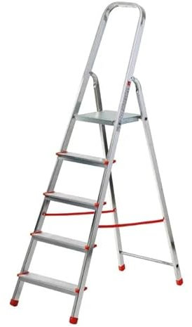 inferramenta Scala Scaletto 5 Gradini per uso professionale in Alluminio Portata 150 Kg Certificazione EN 131 Con Vano Portaoggetti