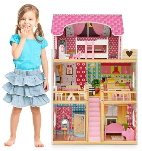 COSTWAY Casa de Muñecas de Madera para Niños con 3 Pisos, 6 Habitaciones Simuladas y 15 Piezas de Muebles, Adorables Fondos de Pantalla, Casa de Ensueño DIY para Niños de 3+ Años