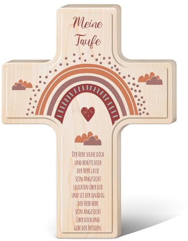 GRAVURZEILE Personalisiertes Kinderkreuz zur Taufe Kommunion und Konfirmation - Regenbogen - Holzkreuz für Kinder personalisiert mit Text - Personalisierte Geschenke für Jungen und Mädchen - Rot
