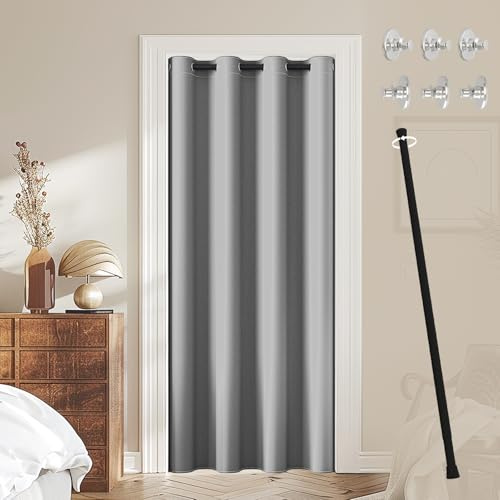 JCyh Cortina para puerta con barra y botón magnético, cortina opaca con ojales para salón, cortina interior sin agujeros, cortina de puerta gris plata + barra telescópica negra 70-125 cm