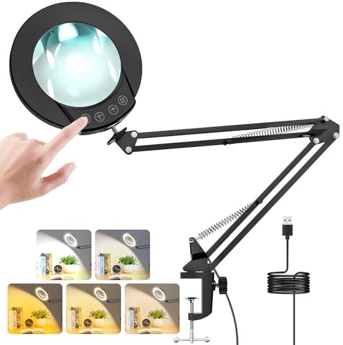 Cadrim LED magnifying glass with light and stand, 10X Magnifier Desk Lamp, 5 Adjustable Color Modes, Metal clip, Swing arm, LED Magnifier Lamp for Reading, Repair, Crafts