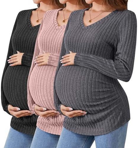Ficerd Magliette Premaman 3 Pezzi, a Maniche Lunghe, con Scollo a V, a Coste, per la Gravidanza Maglioni Invernali Termici(Grigio Scuro, Rosa, Nero,S)