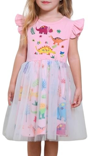 Momkonzz Toddler Girls Dress Little Girl Dinosaur Animal Rainbow Print Tulle Dresses Kids Short Ruffle Sleeve Tutu Summer Dress (Pink, 2-3T)