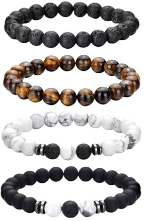 jatimdotin Bracelet Pierre Naturelle pour Homme - 4 PCS 8mm en Pierre de Lave Extensible - Perles Cadeau Personnalisé pour Papa Mari Copain Couple