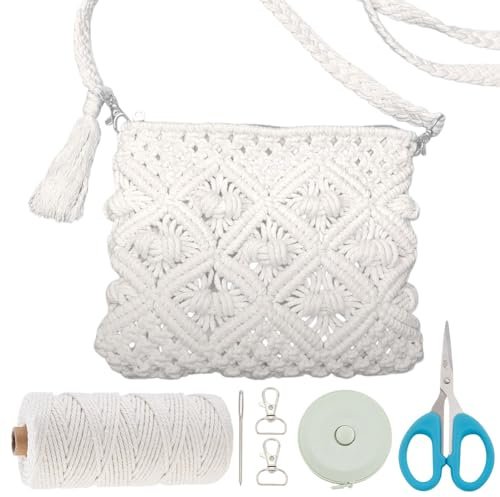 WEBEEDY Kit per la creazione di borse fai da te in macramè per adulti e principianti, set di borse a tracolla in stile bohémien bianco, con cordino macramè da 3 mm da 3 mm, video tutorial, kit per la