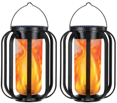 Solar Lantern Outdoor Lights, 2 Pack Waterproof Solar Powered Lanterns with Flickering Flame, Hanging Lantern Decorative for Outside, Solar Powered Outdoor Lights for Yard Garden Patio Table Decor