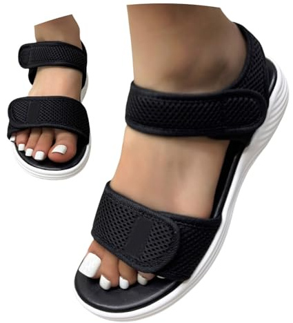 UK 7.5 Sandal for Swollen Feet Women Wide Fit Summer Slippers with Adjustable Band Breathable Mesh Sandals Ladies Hook & Loop Open Toe Shoes Comfortable Lightweight Sandles 001_Clearance Black