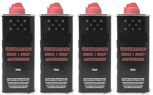 4 accendini a benzina con valvola in plastica – 4 X gas benzina/olio per ricaricare, 125 ml accendino benzina