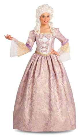 My Other Me - Disfraz Mujer Versalles, talla M-L. Incluye vestido largo de corte princesa con mangas largas acampanadas, en tonos rosas, morados y con detalles dorados y de encaje blanco, y enagua.