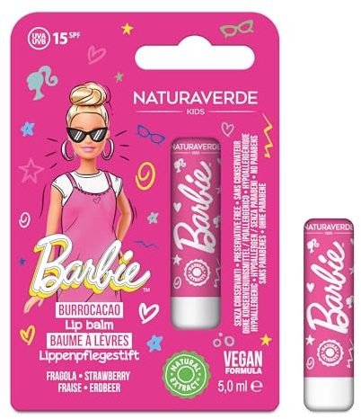 NATURAVERDE Kids -BARBIE Burrocacao Fragola 5ml, Idrata e Protegge le Labbra, SPF 15, Ipoallergenico