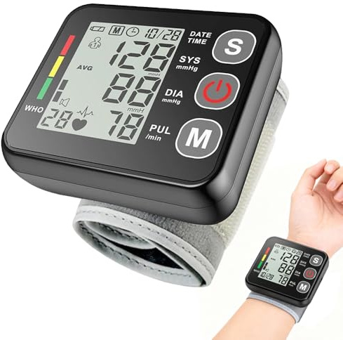 Wxeadu Misuratore Pressione da Polso, Portatile Apparecchio Pressione con Schermo LCD, Misuratore di Pressione da Polso, Sfigmomanometro da Polso, Memoria 99x2 Utenti, Voce Automatica (Inglese)