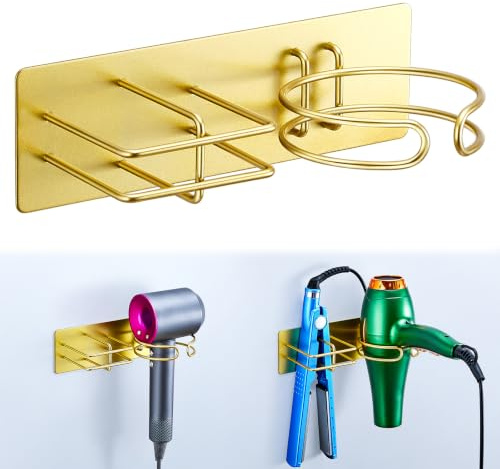 XILIMEN Hair Dryer and Straightener Holder Wall Mounted, Self Adhesive Metal Blow Dryer and Flat Iron Curler Storage Organiser Stand for Dressing Table Bathroom (Gold)