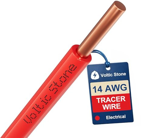 Voltic Stone 14 AWG Red Electrical Conduit Tracer Wire, True Gauge 100% Solid Copper Direct Burial Underground Locating Cable, 30/600V Rated, HDPE Jacket, Corrosion-Resistant for Power Conduit