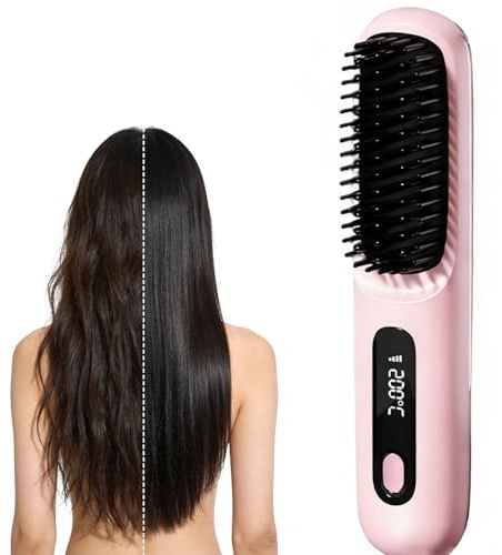 2026 New Go Brush Pro for Short Hair, Portable Straightener Brushs for Travel, with LCD Temperature Display，Fast Heating Cordless Mini Hair Brushs Styling Tools (Pink)
