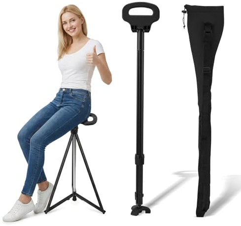 Bastone da passeggio portatile con seduta, bastone da passeggio regolabile con seduta, sedia pieghevole, bastone da trekking, carico massimo 150 kg, impugnatura regolabile in altezza, 3 piedi