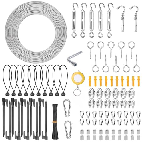 Hanured® 60 m stålkabelsats, 3 mm rostfritt stål metallrep med M5-spännare, vinylbelagda upphängningsrep för utomhus trådlampor, camping, trädgårdsspaljé