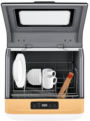 Bordsdiskmaskin 800 W, minidiskmaskin med 3 tvättlägen, liten diskmaskin för 12–20 diskdelar, touch-kontroll, 45 x 40 x 44,8 cm guld – för hem, kontor och camping
