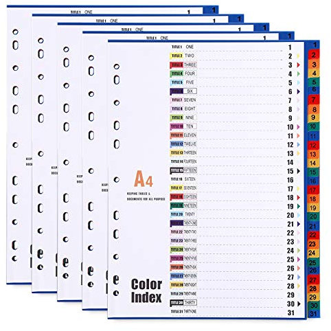 31-teiliges Register/Trennblätter DIN A4, aus PP, Mehrfarbig Trennlaschen Nummer 1-31, 5 Stück