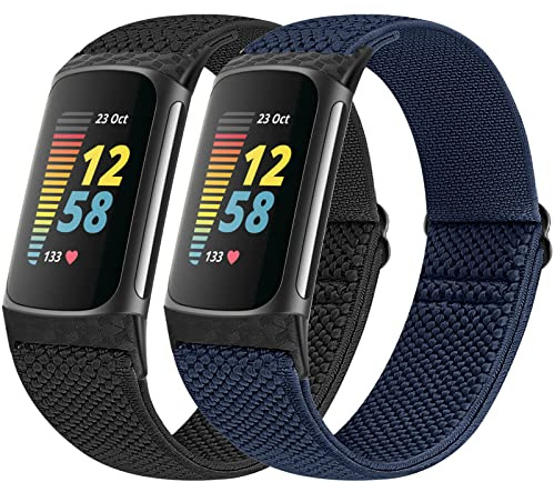 Vodtian Lot de 2 bracelets élastiques compatibles avec Fitbit Charge 5, bracelet de rechange extensible réglable en nylon tressé pour traqueur d'activité Charge 5, homme et femme